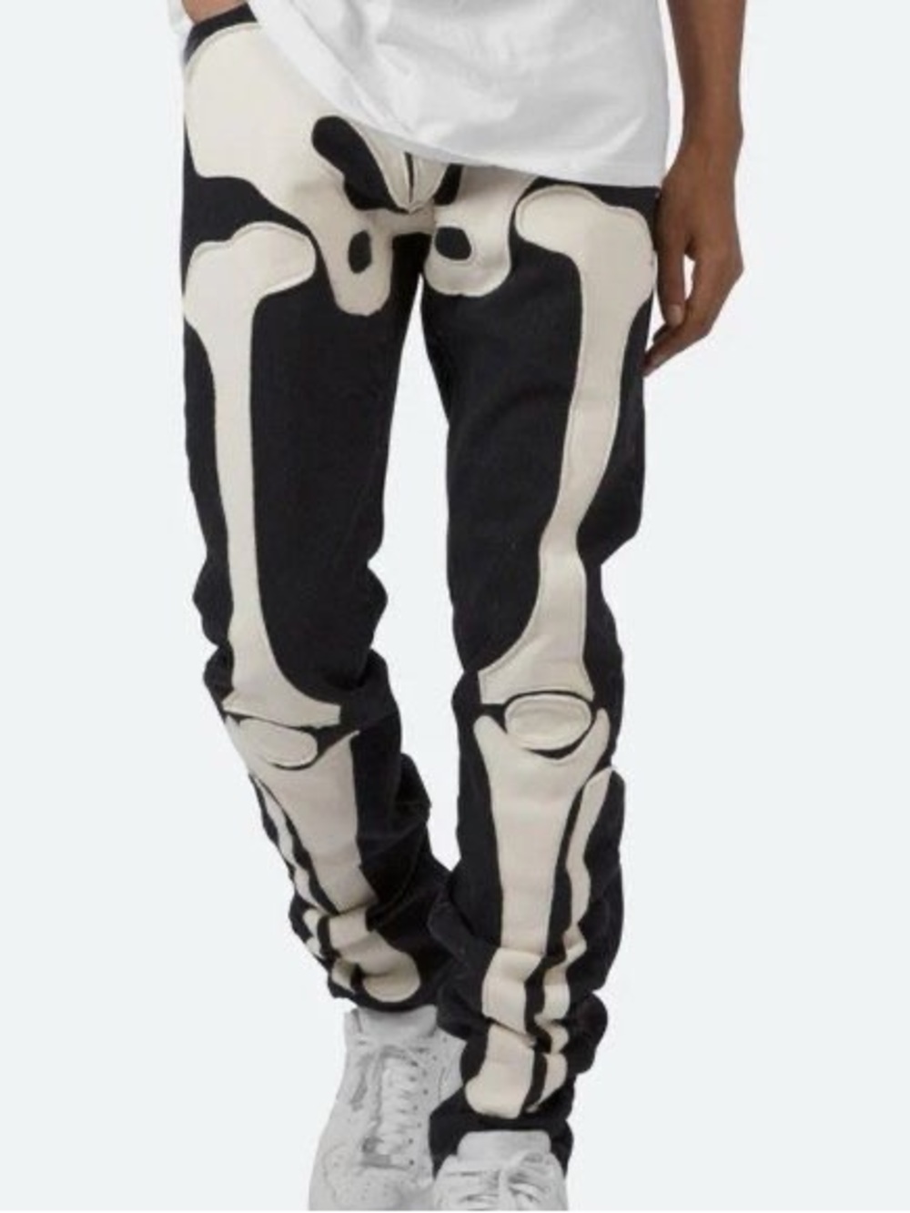 MNML skeleton jeans featuring a white bone print on black denim.